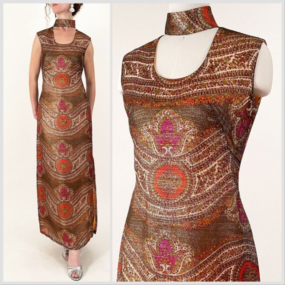 70s Metallic Choker Neck Maxi Dress | Grahl Model… - image 1