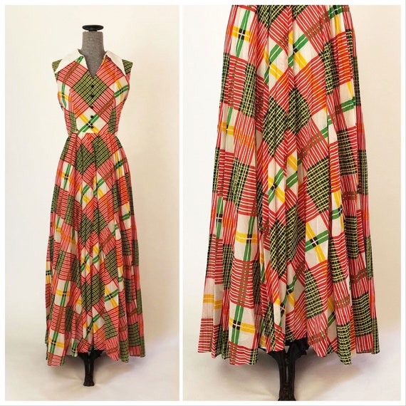 1960s Mod Red and Green Plaid Accordion Pleat Maxi