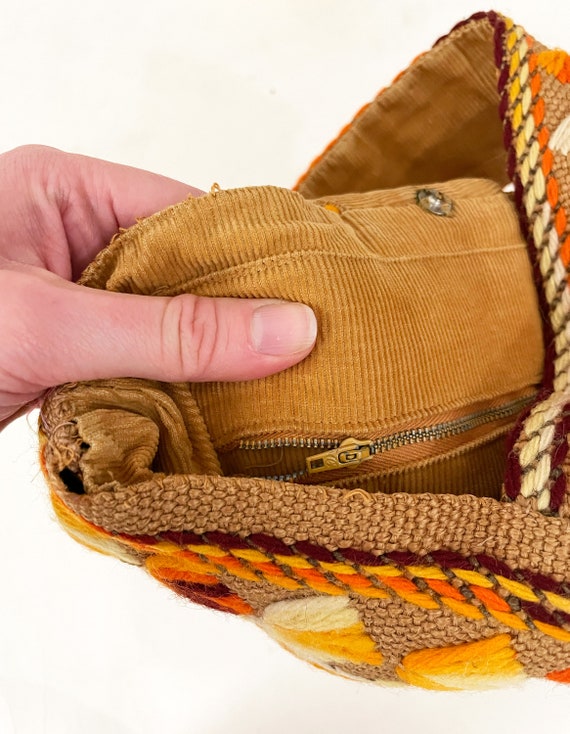 60s 70s Orange Embroidered Burlap Handbag | Boho … - image 6