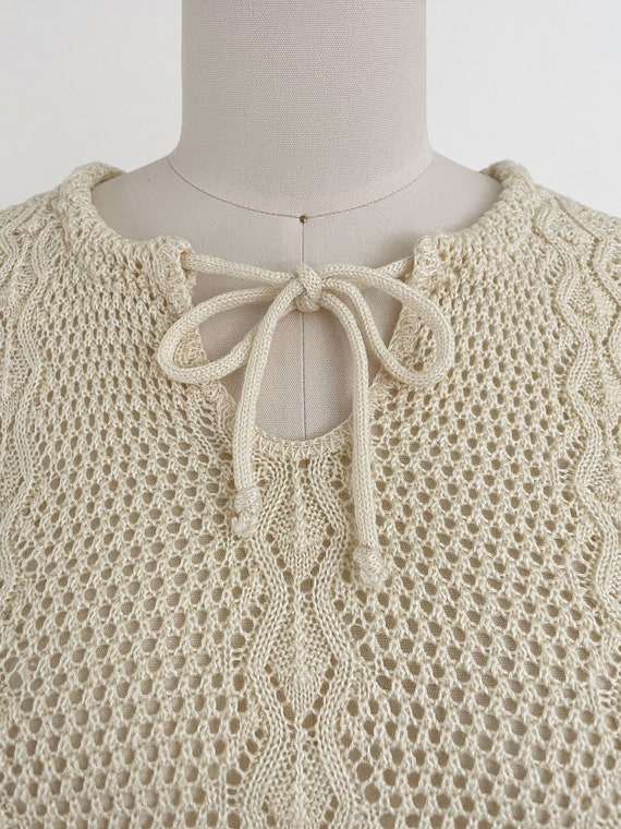 60s 70s Ivory Crochet Tie Neck Sweater | BJ by Bi… - image 2