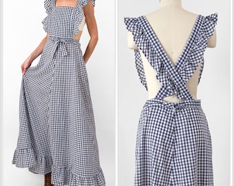 70s Blue Gingham Apron Dress | Criss Cross Ruffle Strap Full Length Pinafore Prairie Dress | Large