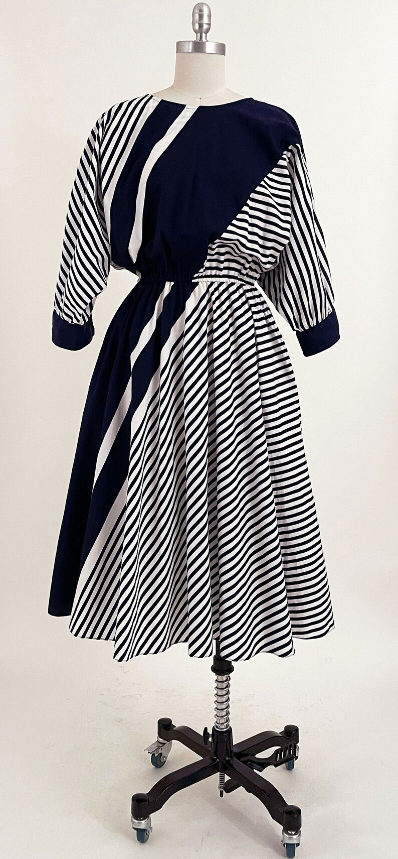 80s Navy Blue and White Striped Dolman Sleeve Dress Choon - Etsy