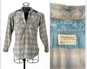 70s Pendleton Western Wear Plaid Pearl Snap Shirt | Blue Grey Plaid Wool Western Shirt | XS
