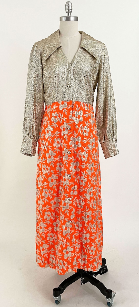 60s 70s Gloria Moret Metallic Floral Maxi Dress |… - image 3