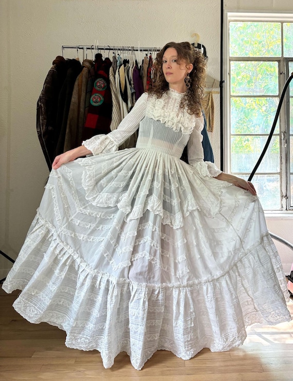 60s 70s White Lace Bell Sleeve Mexican Wedding Dress | Ruffle