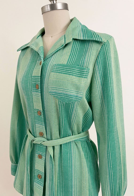 70s Seafoam Green Striped Belted Blouse | Blue Gr… - image 4