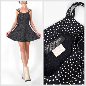 90s Black and White Strappy Minidress | Sundress | All That Jazz 50s Pin Up Style Confetti Print Fit and Flare Dress | Small