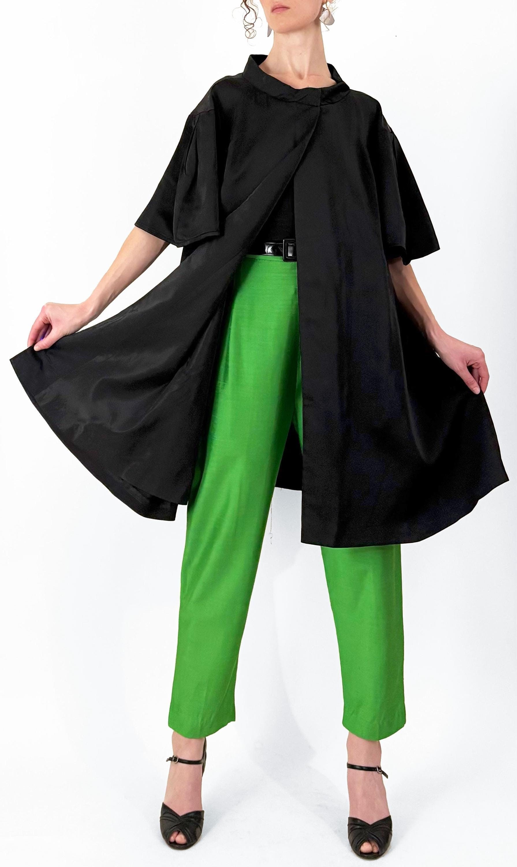 1950s Lilli Diamond Black Satin Swing Coat | Trapeze Coat | Midcentury Avant Gardę Taffeta Cape Jacket | Medium Large XL