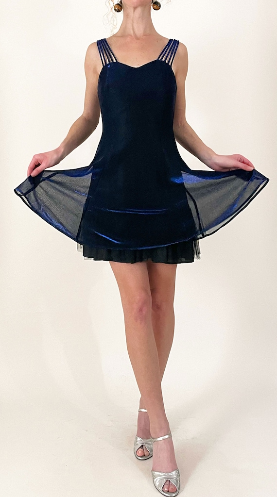 90s Blue Lurex Metallic Minidress | Sparkly Blue Stretch Lurex Strappy Fit  and Flare Party Dress | All That Jazz | Small