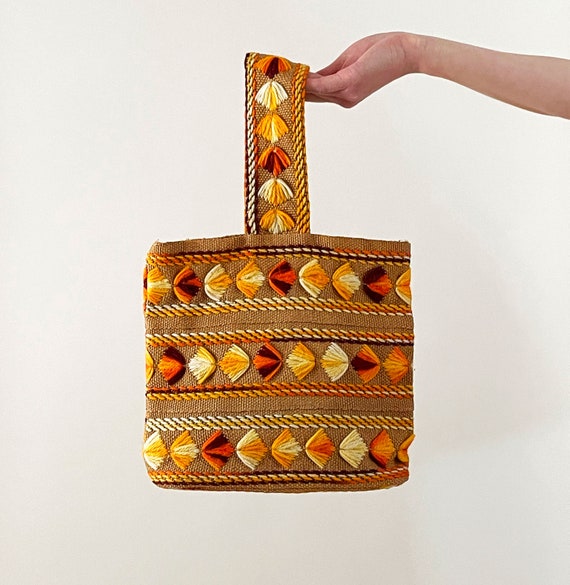 60s 70s Orange Embroidered Burlap Handbag | Boho … - image 2