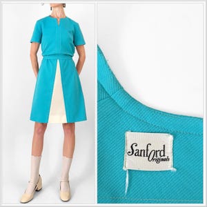 60s Mod Space Age Color Block Dress | Sanford Originals Bright Blue Belted Knit Shift Dress | Minidress | Medium