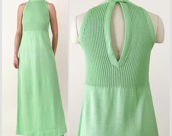 70s Green Knit High Neck Maxi Dress | Knits by Don Mint Keylime Mod Knit Halter Dress | Small Medium