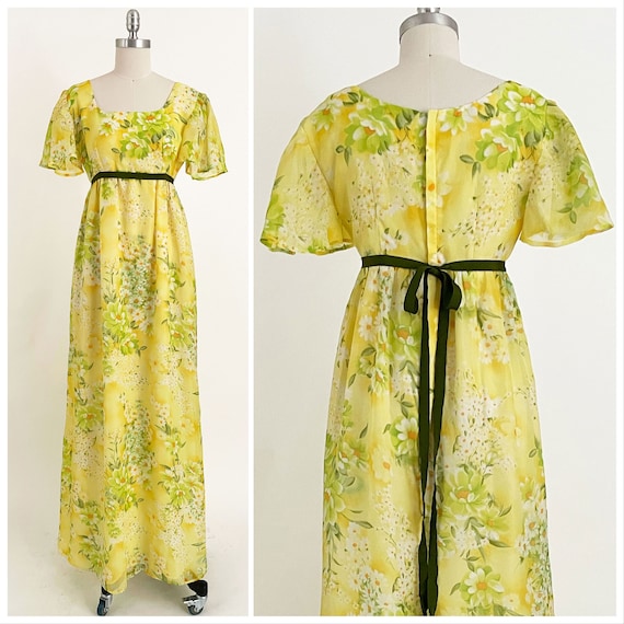 1970s Yellow Floral Empire Waist Gown With Ribbon Belt | Flutter Sleeve  Chiffon Floor Length Maxi Dress | XS / S - Etsy