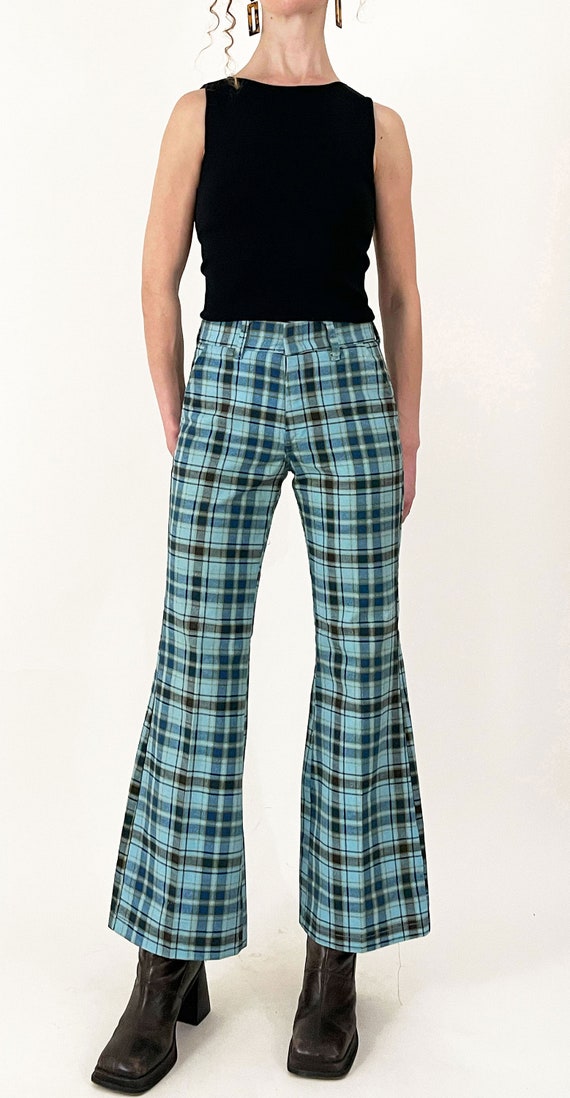 60s 70s JC Penney Blue Plaid Bell Bottoms - image 2