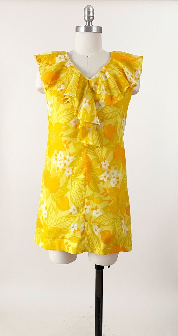 60s Mod Yellow Floral Minidress | Lemon Yellow Ru… - image 3