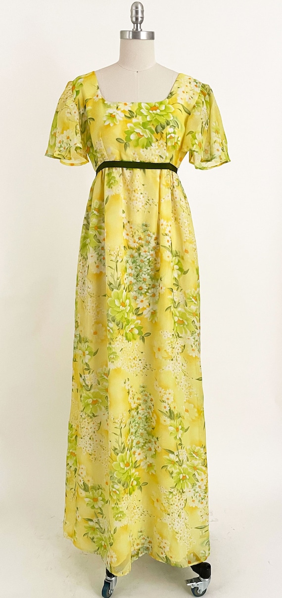 1970s Yellow Floral Empire Waist Gown with Ribbon… - image 2