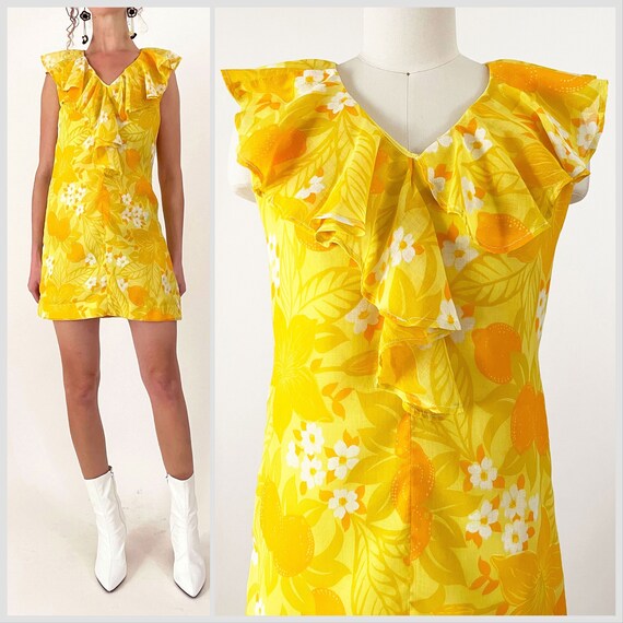 60s Mod Yellow Floral Minidress | Lemon Yellow Ru… - image 1