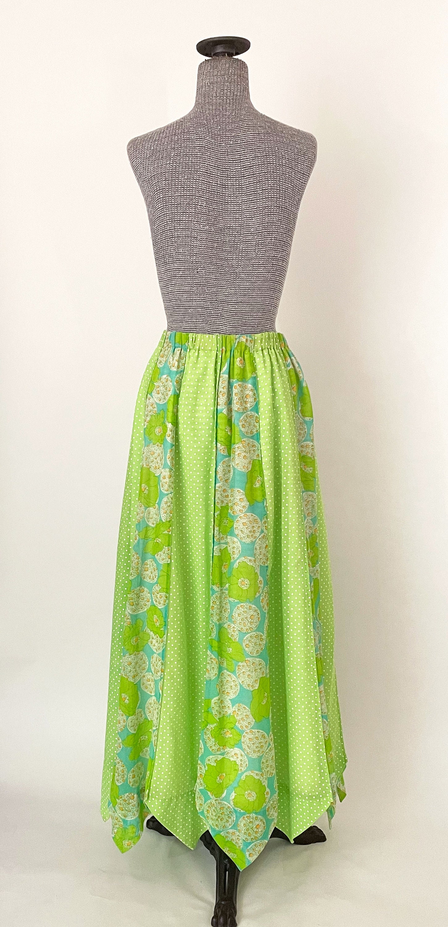 60s Lime Green Mod Floral Maxi Skirt With Handkerchief Hem Etsy