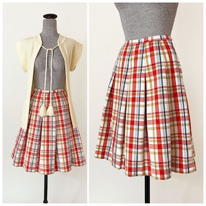 1960s Miss Pat Mod Plaid Pleated Skirt | Primary Colors Plaid Drop Pleat Skirt | XXS | 22 Waist