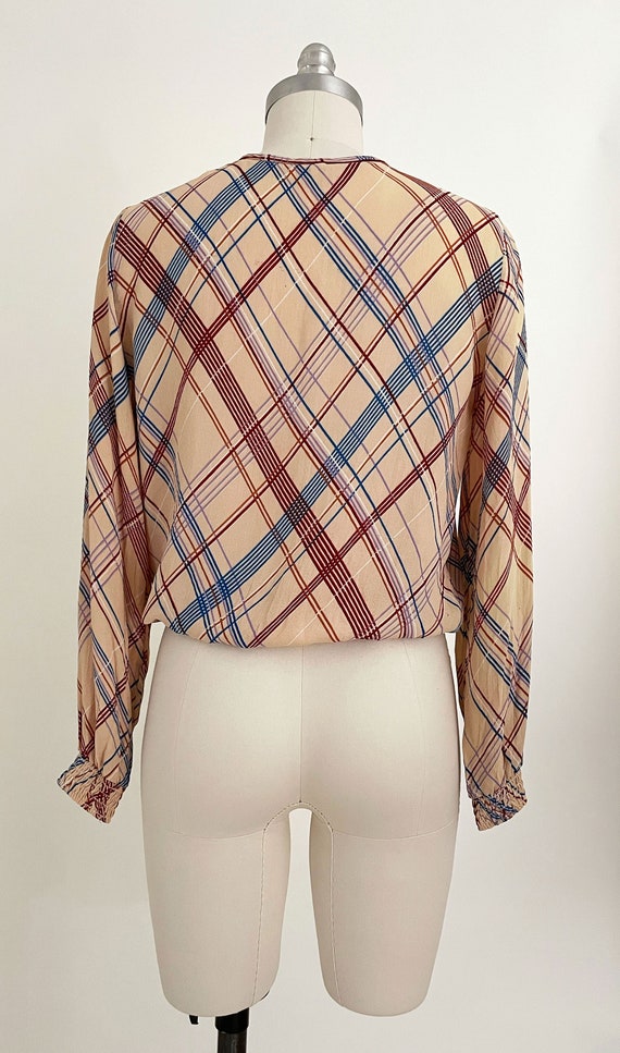 70s Does 30s Argyle Crepe Smocked Waist Blouse | … - image 5