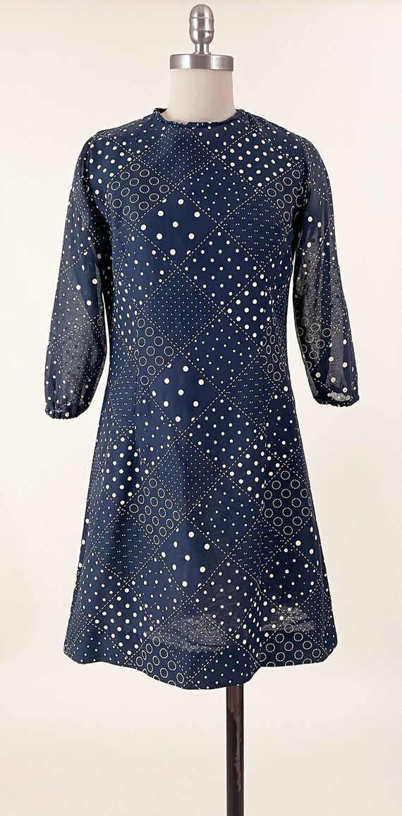 60s Mod Patchwork Print Shift Dress | Navy Blue P… - image 3