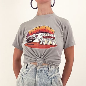 70s Bowling Graphic Novelty T-Shirt | Single Stitch Art Wave Funny Bowling Vinyl Graphic Tee | Small