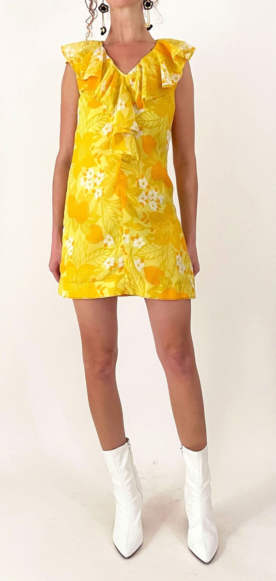 60s Mod Yellow Floral Minidress | Lemon Yellow Ru… - image 2