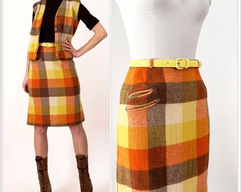 50s 60s Orange Plaid Wool Skirt Set | Joyce of Chicago Rockabilly Western Side Zip Pencil Skirt and Vest | 2 Piece Matching Set | XS / S