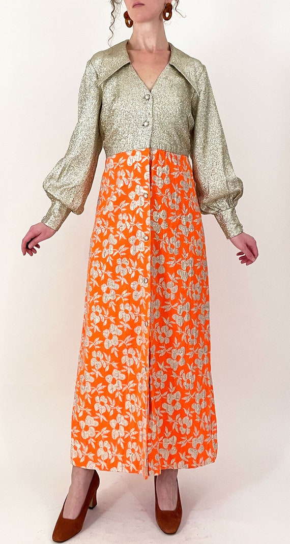 60s 70s Gloria Moret Metallic Floral Maxi Dress |… - image 2