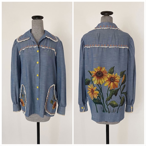 70s Chambray Embroidered Folk Blouse with Hand Pai