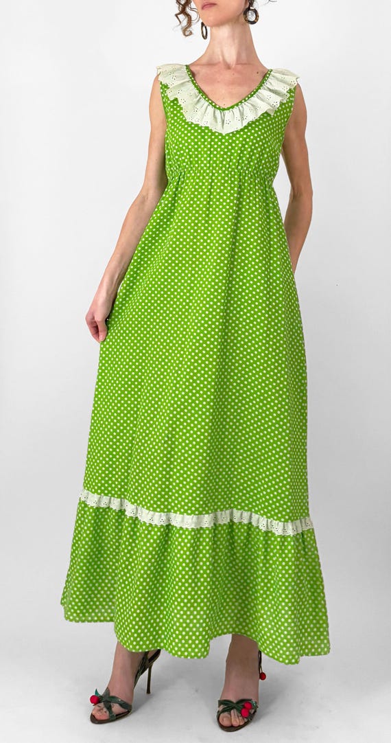 70s Lime Green Polka Dot Eyelet Maxi Dress | Mod Eyelet Ruffle Collar Prairie Dress | Small