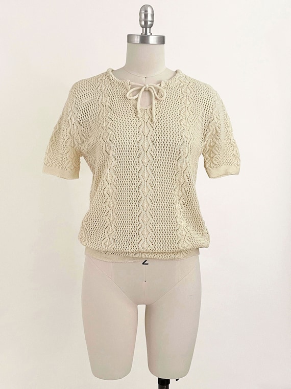 60s 70s Ivory Crochet Tie Neck Sweater | BJ by Bil