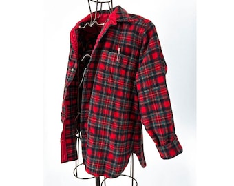 60s Pendleton Red Plaid Flannel Shirt | Prince Charles Edward Stewart Tartan Wool Button Down | Large