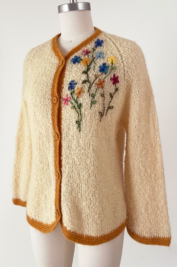 1960s Hand Knit Floral Embroidered Cardigan | Cur… - image 4