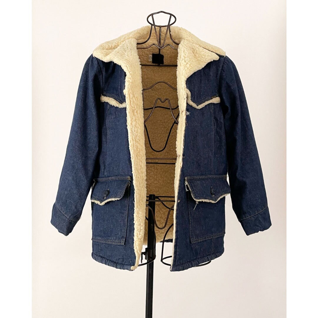 VTG 70S USA SEARS INDIGO ROEBUCKS SHERPA LINED DENIM WESTERN BARN JACKET 38” S
