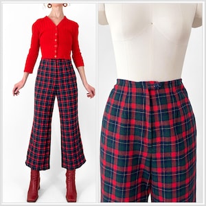 70s Pendleton Plaid Wool Wide Leg Pants | Young Pendleton Cherry Red Blue Green Plaid High Waisted Cropped Trousers | 28 Waist / 26 Inseam