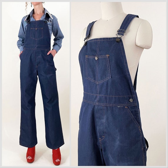 70s Denim Bib Overalls | Indigo Dark Wash Wide Leg Carpenter