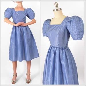 80s Victor Costa Periwinkle Puff Sleeve Party Dress | Blue Purple Taffeta Satin Puff Sleeve Designer Dress | Small