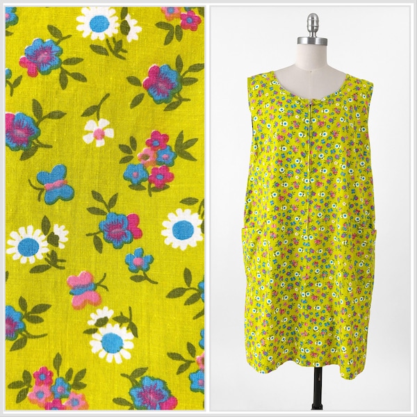60s Lime Green Floral Butterfly Print House Dress | Zip Front Summer Shift | XL / XXL