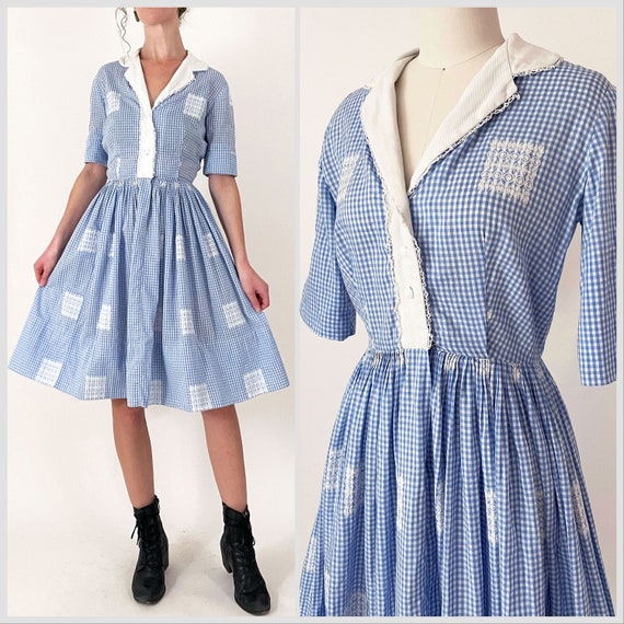 1950s Julie Miller Blue Gingham Day Dress | Croch… - image 1