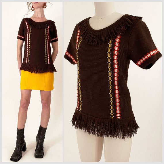 60s 70s Brown Acrylic Knit Fringe Sweater | By Ca… - image 1