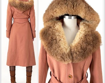 70s Pink Fur Lined Hooded Trench Coat | Domino New York Dusty Pink Wool Fur Collar Belted Jacket | Small Medium