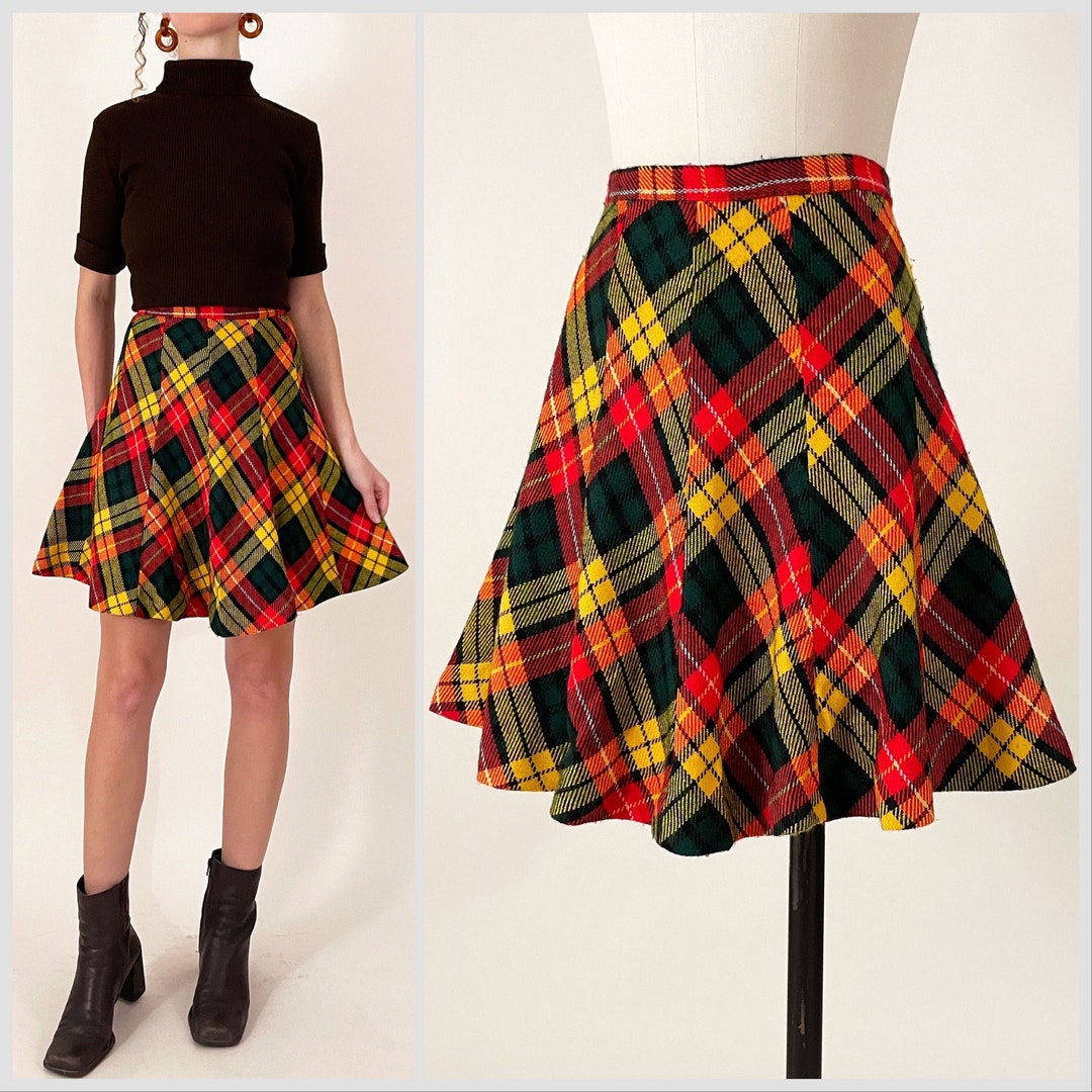 70s Plaid Acrylic Miniskirt Red Green Gold Plaid High Wasted - Etsy