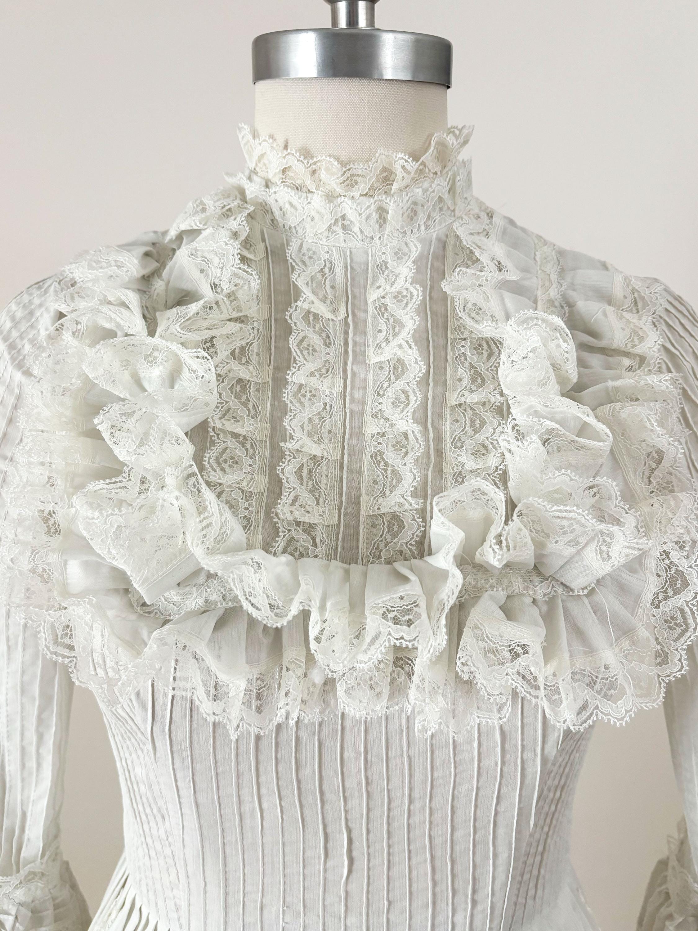 60s 70s White Lace Bell Sleeve Mexican Wedding Dress | Ruffle Collar  Victorian High Neck Crochet Lace Pintuck Gown | XS - Etsy