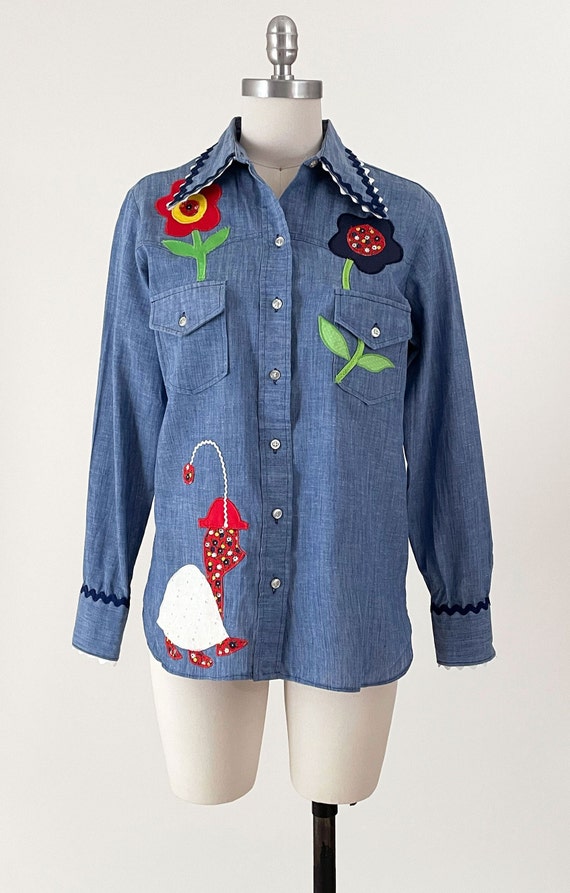 70s Wrangler Chambray Patchwork Novelty Shirt | B… - image 2