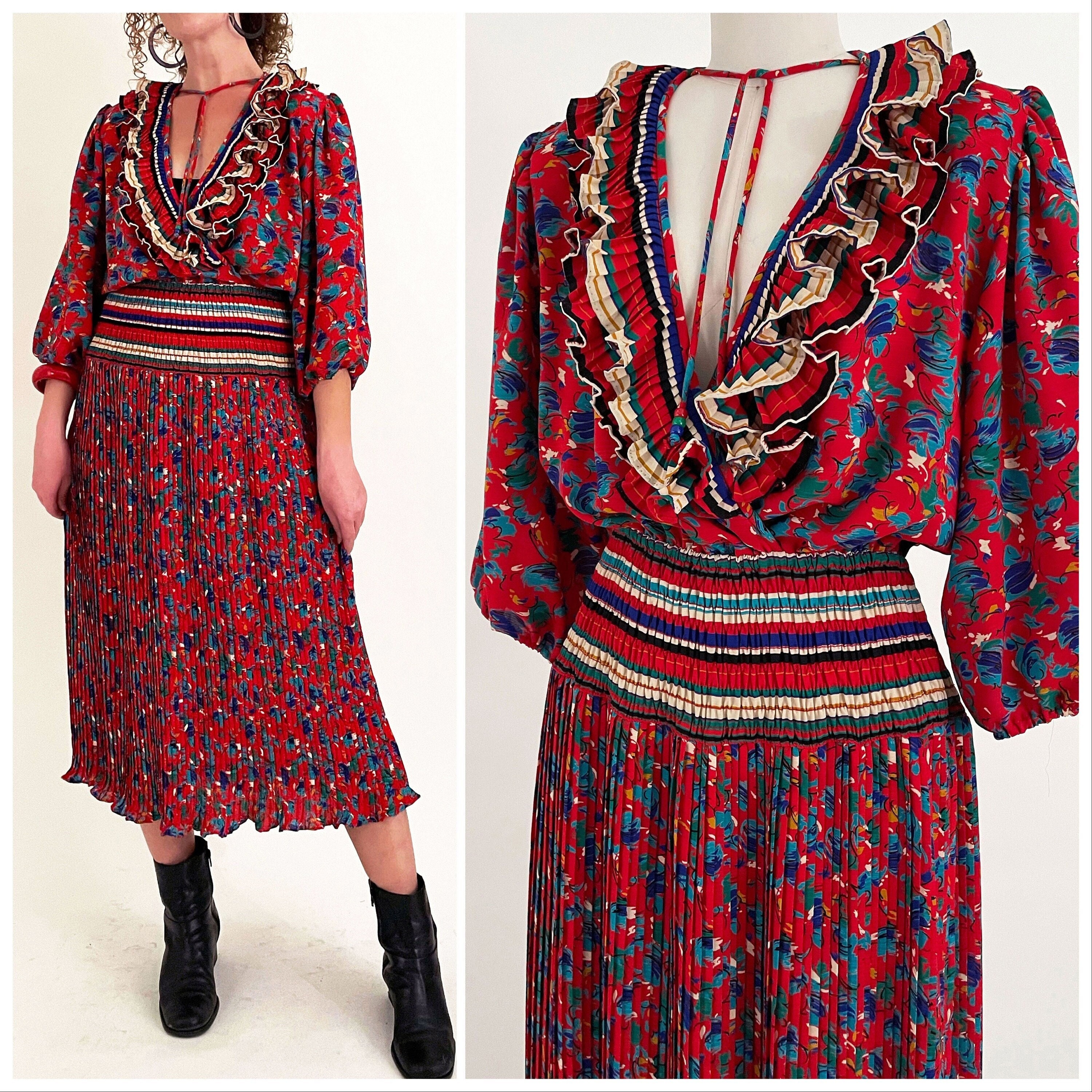 80s Susan Freis Red Floral Accordion Pleat Ruffle Neck Midi - Etsy