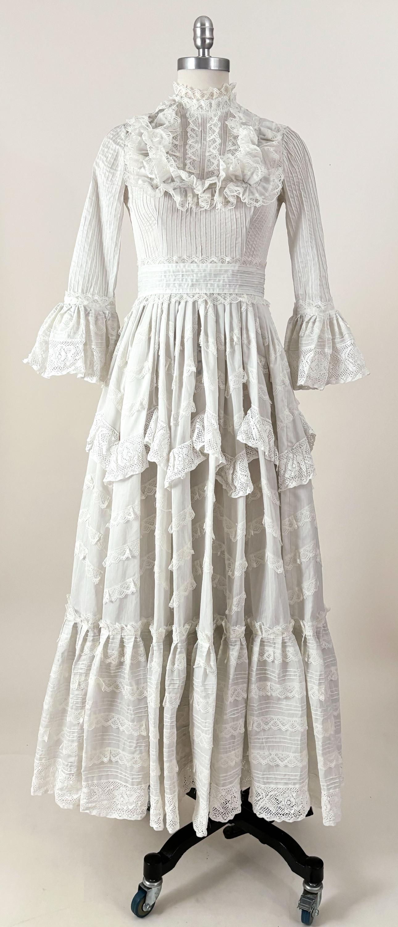 60s 70s White Lace Bell Sleeve Mexican Wedding Dress | Ruffle Collar Victorian High Neck Crochet Lace Pintuck Gown | XS