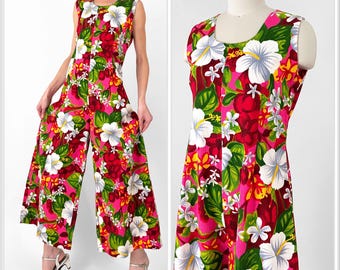 90s Red Floral Romper | Express Rayon Wide Leg Button Front