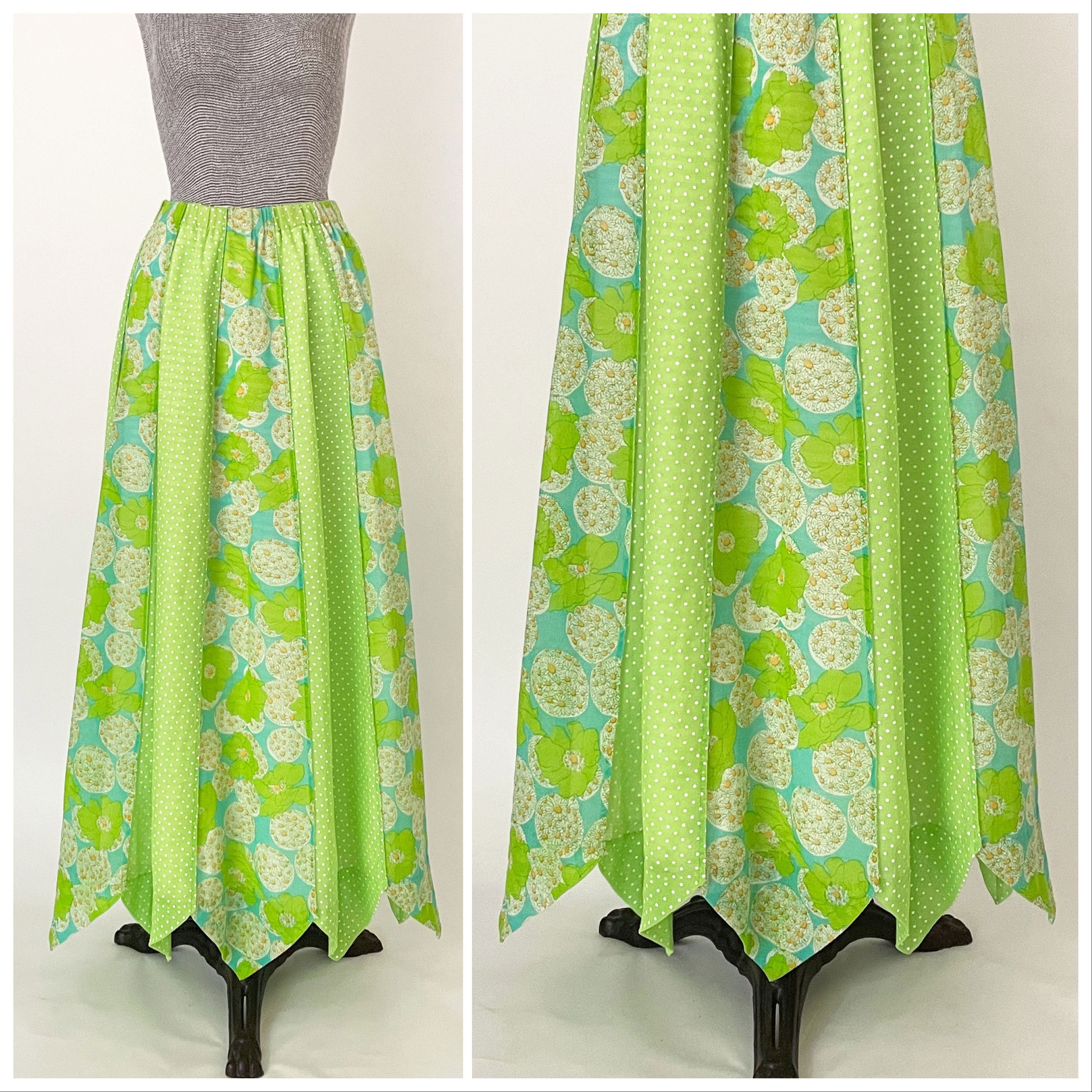 60s Lime Green Mod Floral Maxi Skirt With Handkerchief Hem Etsy