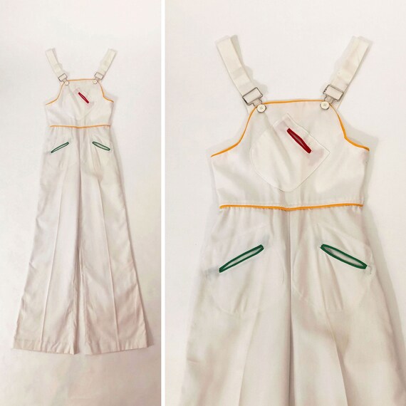 1970s White Wide Leg Overalls | Color Block Novelt